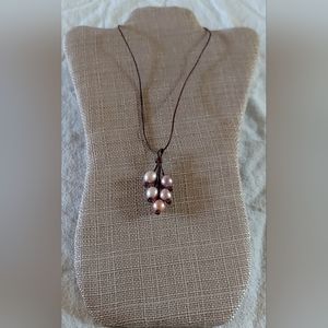 Handmade Lavender 5 Pearl & Brown Leather Necklace